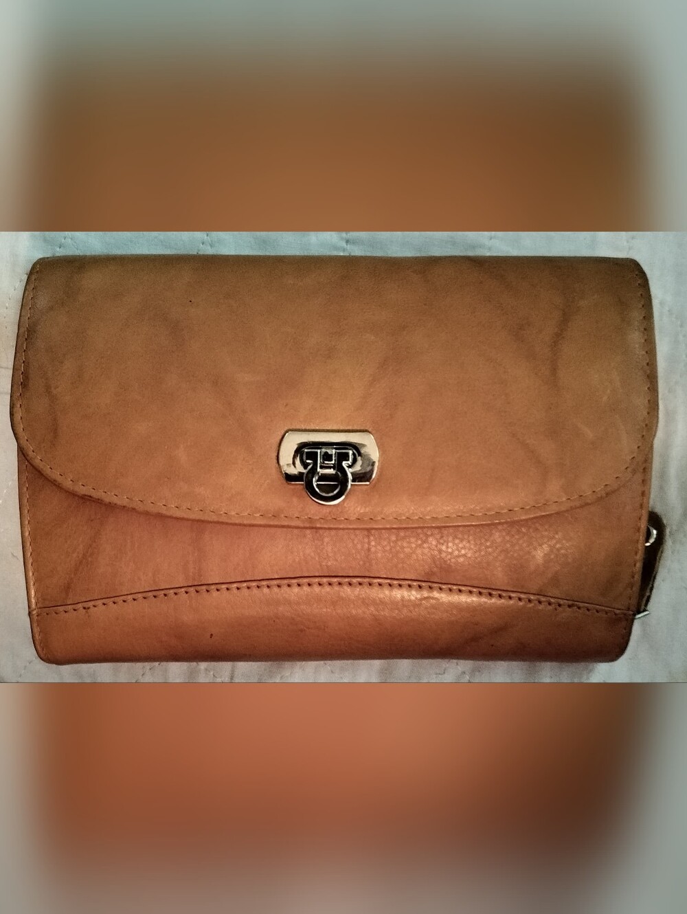 Small Tan Leather Clutch Or Crossbody Bag with Silver-Tone Flip Up Closure